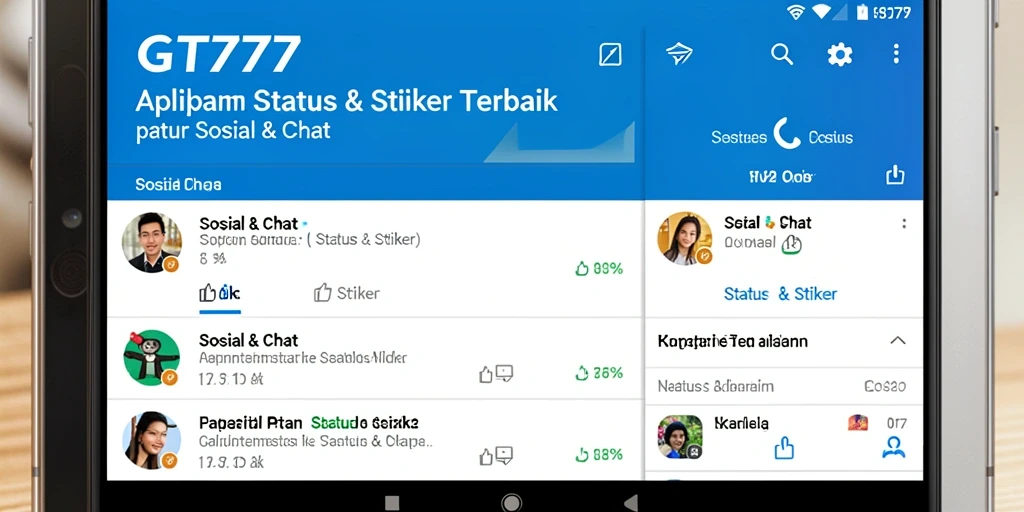 Tampilan antarmuka aplikasi GT777 dengan stiker kreatif dan status menarik.