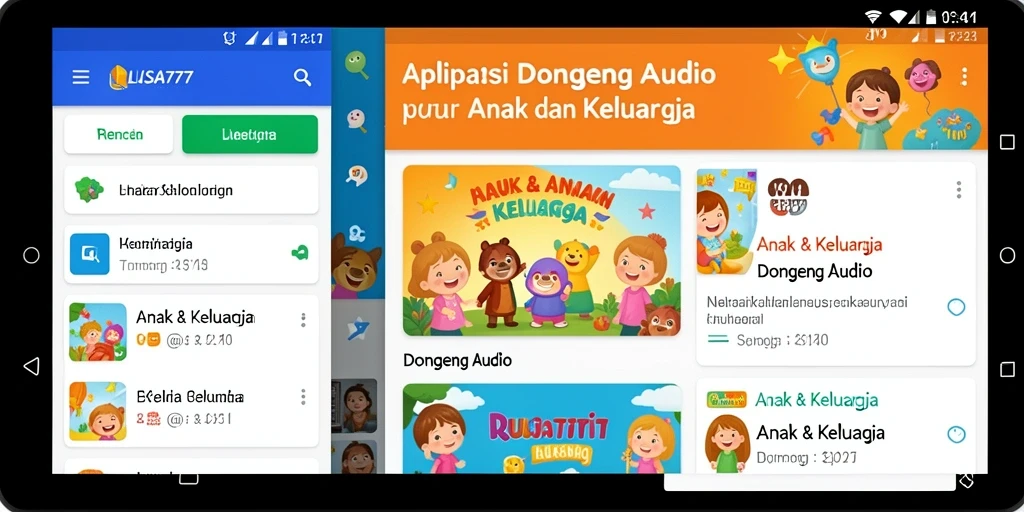 Tampilan aplikasi LUSA777 menampilkan berbagai cerita dongeng yang menarik.