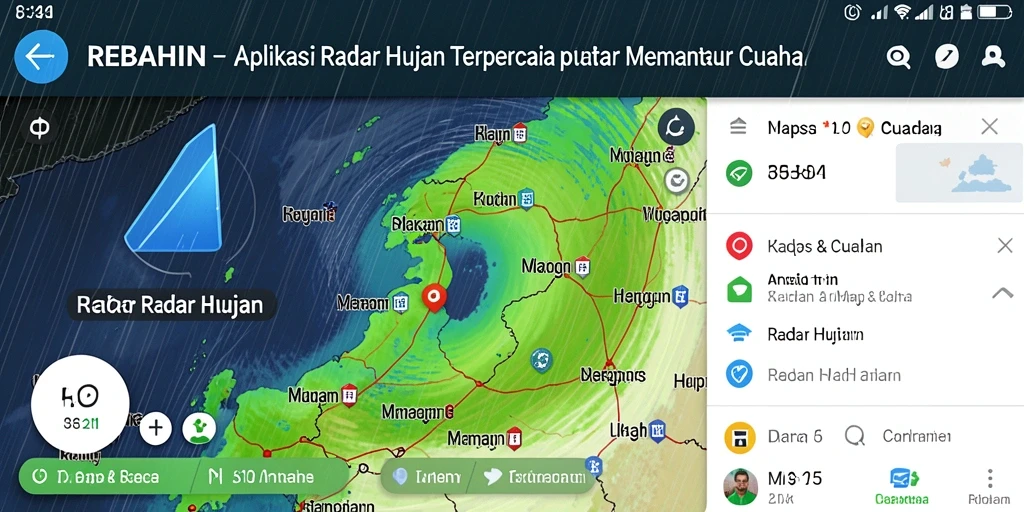 Antarmuka aplikasi REBAHIN menampilkan peta cuaca terkini dan intensitas hujan.